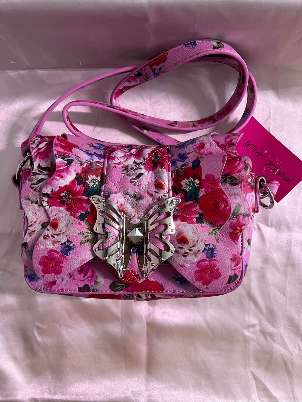 Betsey Johnson Pink Floral Crossbody with Silver Butterfly Accent